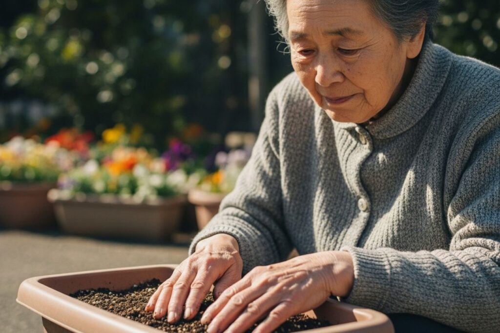 プランターの土を両手で優しく触りながら、懐かしむような穏やかな表情を浮かべる高齢女性。背景には色とりどりの花が咲いている。