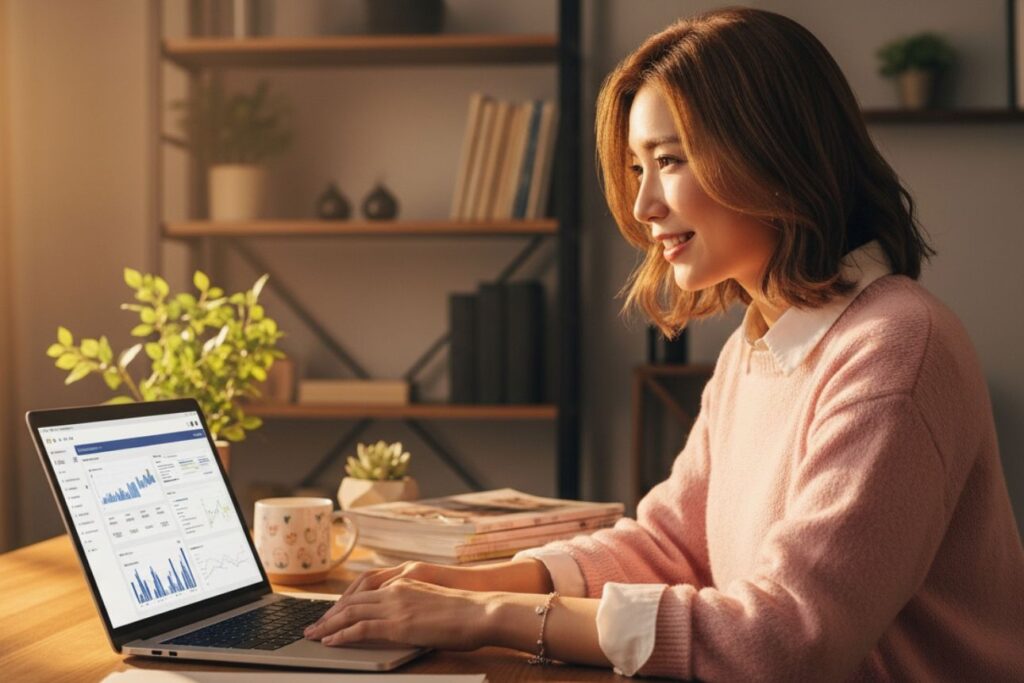 朝日が差し込む書斎で、ノートPCの資産管理アプリを見ながら真剣な表情で資産をチェックする女性