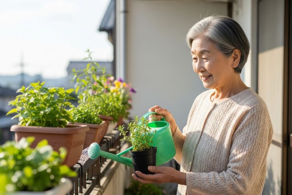 自宅のベランダで、小さなハーブの鉢植えに水をやりながら、満足そうに微笑む高齢女性。朝日が差し込み、植物が生き生きと輝いている。