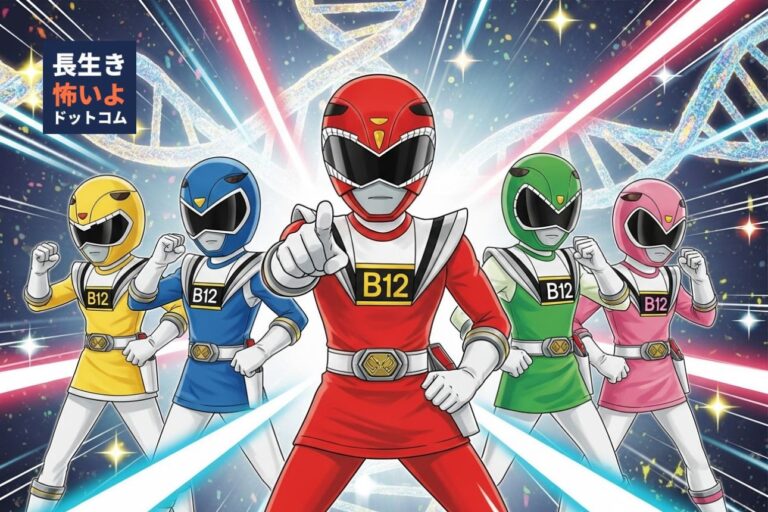 ビタミンB12戦隊の5人（赤・青・黄・緑・ピンク）がヒーローポーズを決め、DNAの螺旋を背景に輝く光線が走る。中央の赤レンジャーが指を突き出し、リーダーとして力強く前を指している。