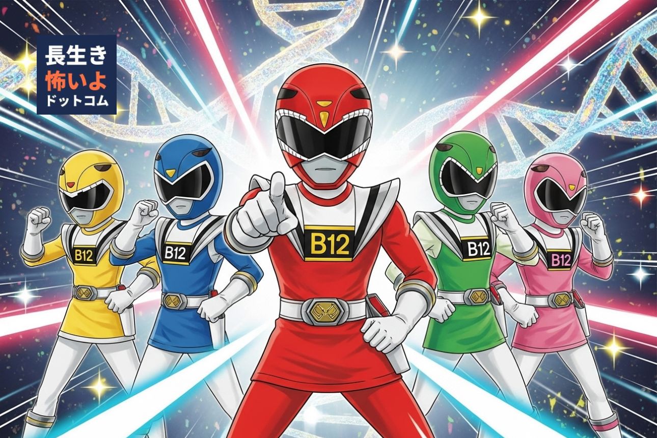 ビタミンB12戦隊の5人（赤・青・黄・緑・ピンク）がヒーローポーズを決め、DNAの螺旋を背景に輝く光線が走る。中央の赤レンジャーが指を突き出し、リーダーとして力強く前を指している。