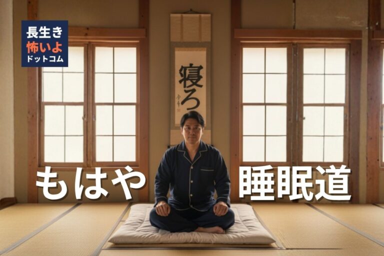 畳敷きの和室で、紺色のパジャマを着た男性が正座し、背後の掛け軸には「寝ろ」と書かれている。左右に「もはや」「睡眠道」という大きな白文字が配置され、ユーモラスかつ禅的な雰囲気を演出している。