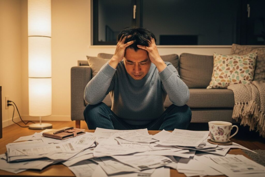 夜のリビングで、請求書の山を前に頭を抱える40代男性。金銭的なプレッシャーと疲労を感じさせるシーン