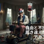 米国の「不健康な期間」の長さを、コーラの点滴を受け電動シニアカーに乗るアンクル・サムで風刺的に描いたイラスト。