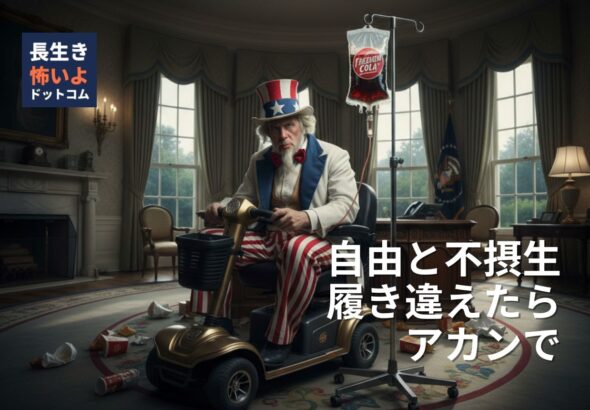 米国の「不健康な期間」の長さを、コーラの点滴を受け電動シニアカーに乗るアンクル・サムで風刺的に描いたイラスト。