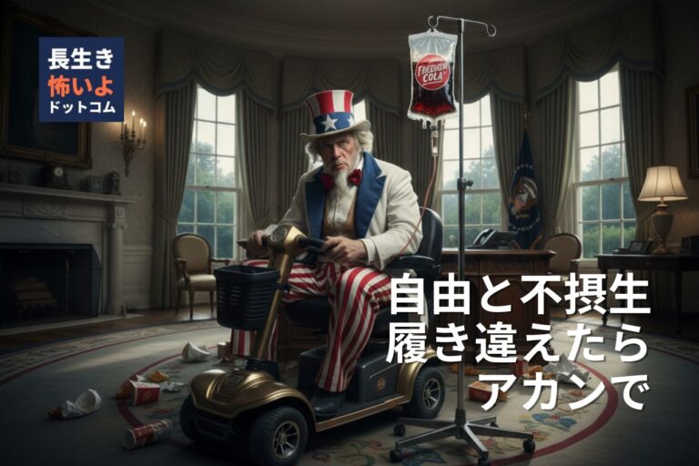 米国の「不健康な期間」の長さを、コーラの点滴を受け電動シニアカーに乗るアンクル・サムで風刺的に描いたイラスト。