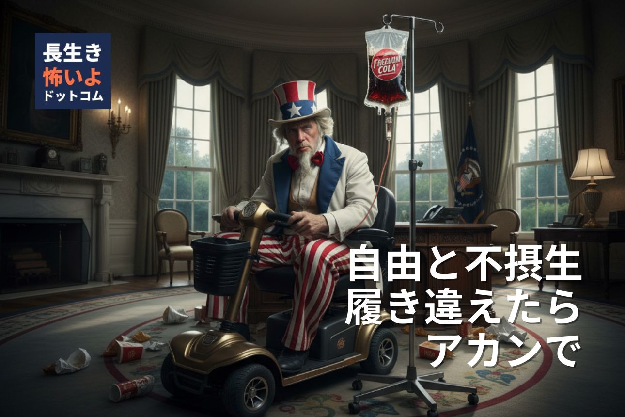 米国の「不健康な期間」の長さを、コーラの点滴を受け電動シニアカーに乗るアンクル・サムで風刺的に描いたイラスト。