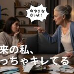 未来の自分（高齢の女性）が現在の自分（若い女性）をリビングで叱りつけるユーモラスなシーン。テーブルの上には請求書や書類が散乱し、スマホを持った若い女性が驚いた表情で未来の自分を見上げている