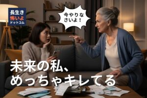 未来の自分（高齢の女性）が現在の自分（若い女性）をリビングで叱りつけるユーモラスなシーン。テーブルの上には請求書や書類が散乱し、スマホを持った若い女性が驚いた表情で未来の自分を見上げている