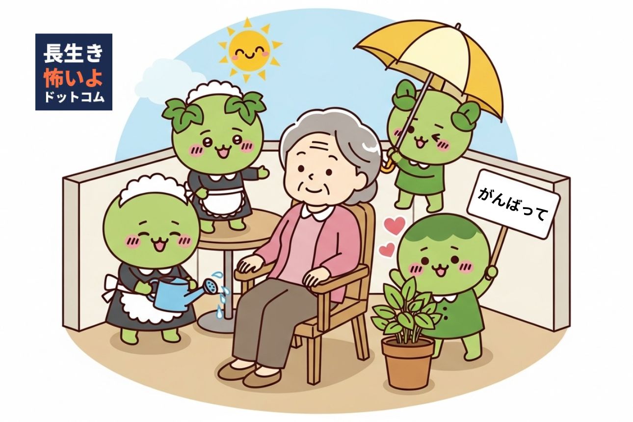 ベランダの椅子に座る高齢女性を、擬人化された鉢植えたちが笑顔でお世話している。メイド姿の植物が水をあげ、別の植物が日傘を差し、もう一つの植物が『がんばって！』と応援する、かわいくユーモラスな逆転構図のイラスト