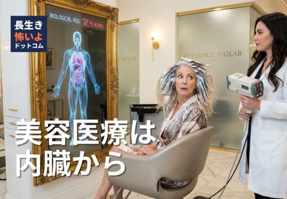 高級美容室の鏡に映る自分の内臓データと生物学的年齢を見て驚く女性