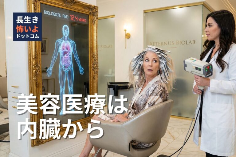高級美容室の鏡に映る自分の内臓データと生物学的年齢を見て驚く女性